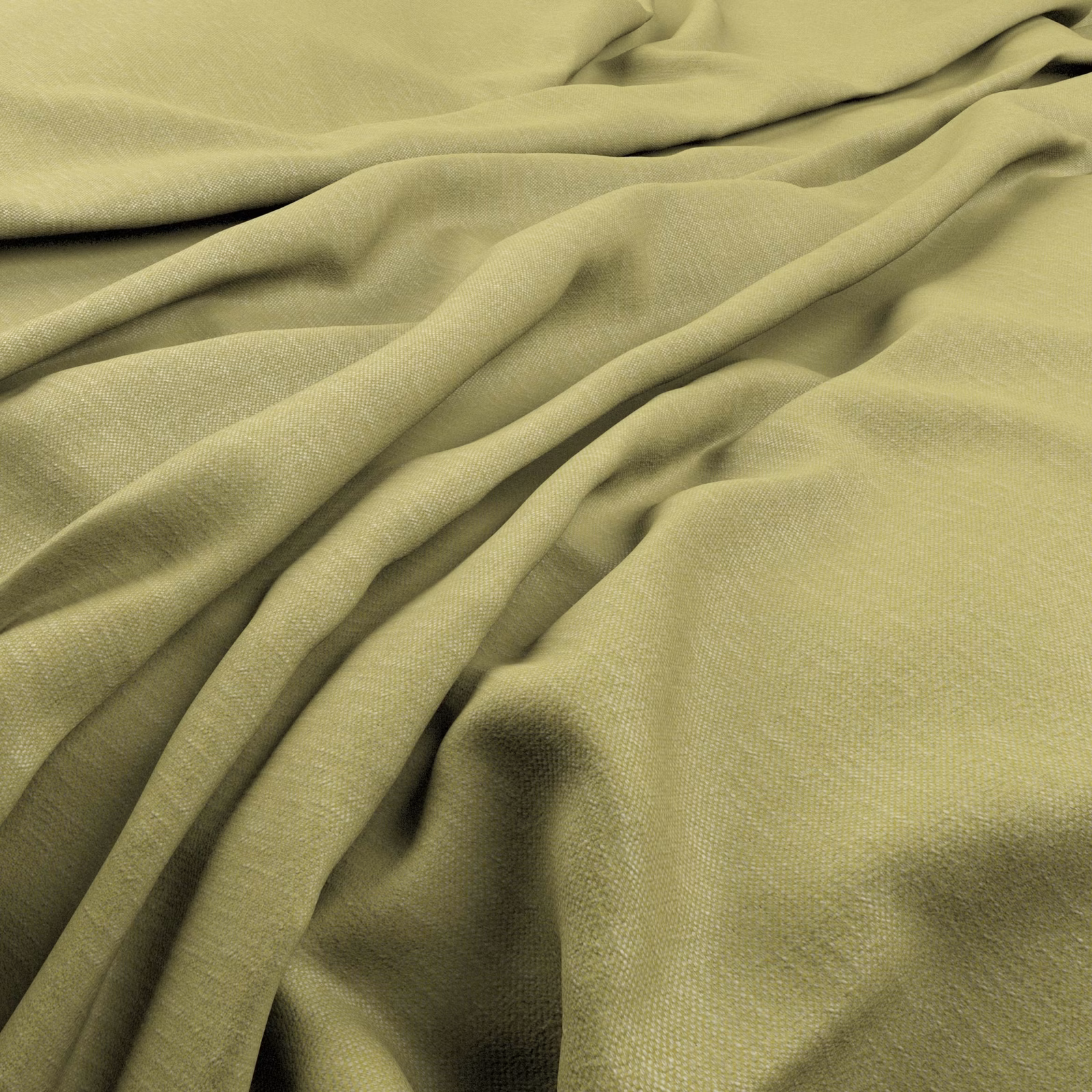 Soft olive-green fine weave fabric draped in fluid, shadowed folds