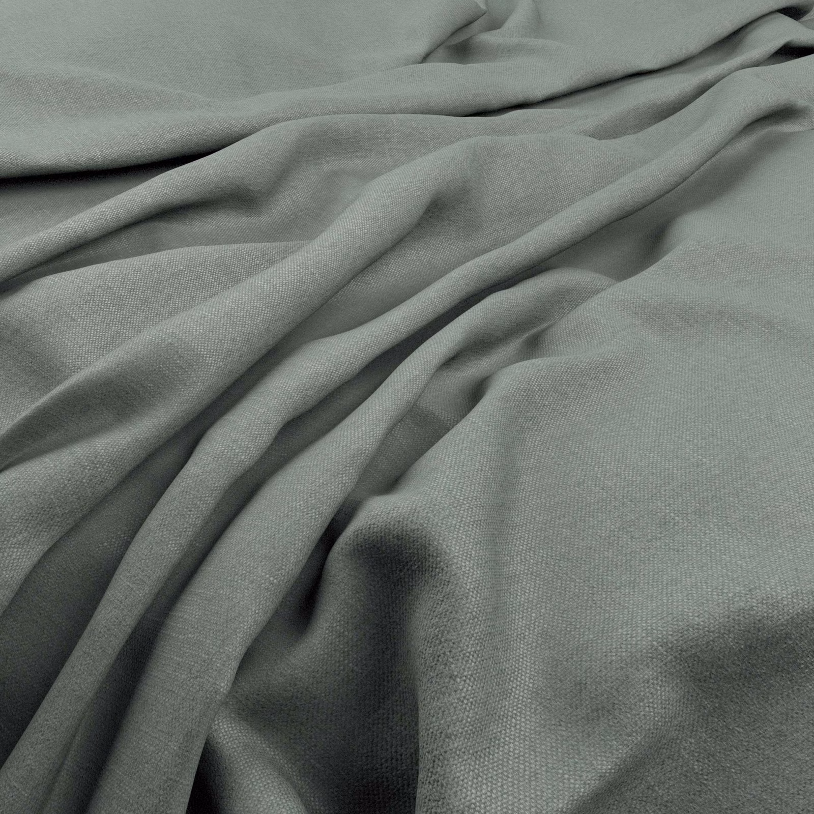 Muted aqua-grey plain weave fabric gathered into soft, flowing folds