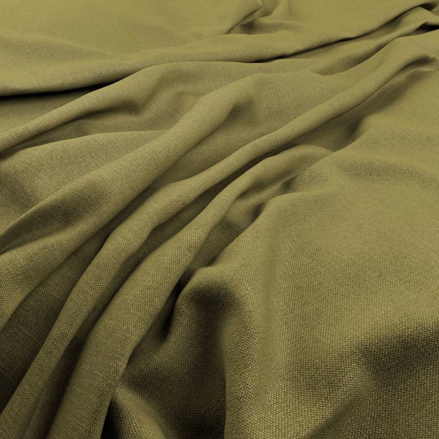 Warm olive green plain-woven fabric falling in soft, fluid folds