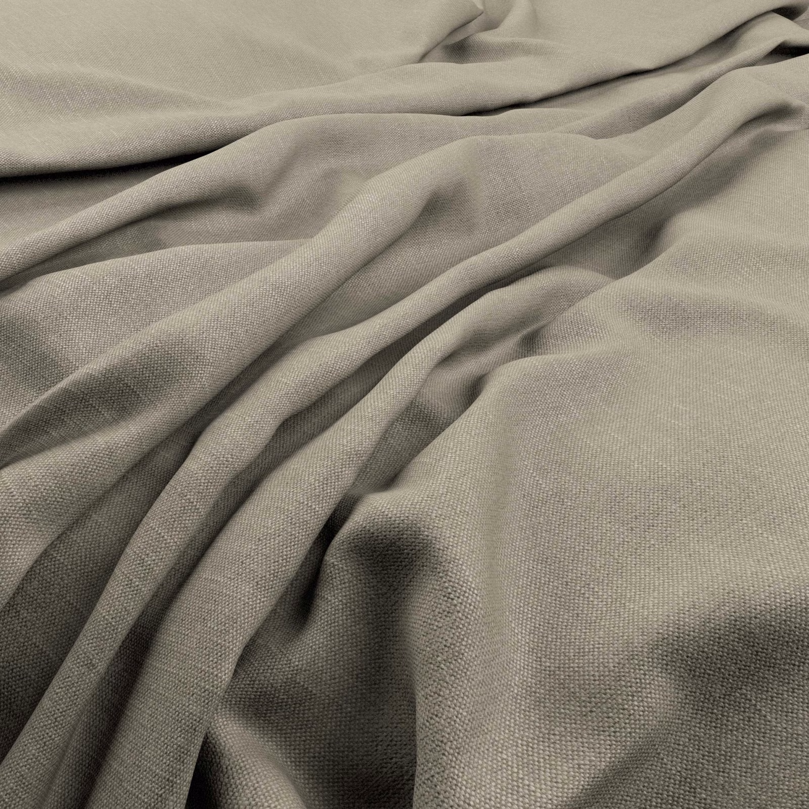Warm taupe-grey plain weave fabric gathered into soft, shadowed folds