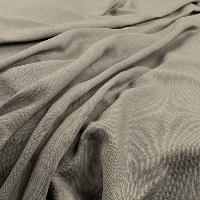Warm taupe-grey plain weave fabric gathered into soft, shadowed folds