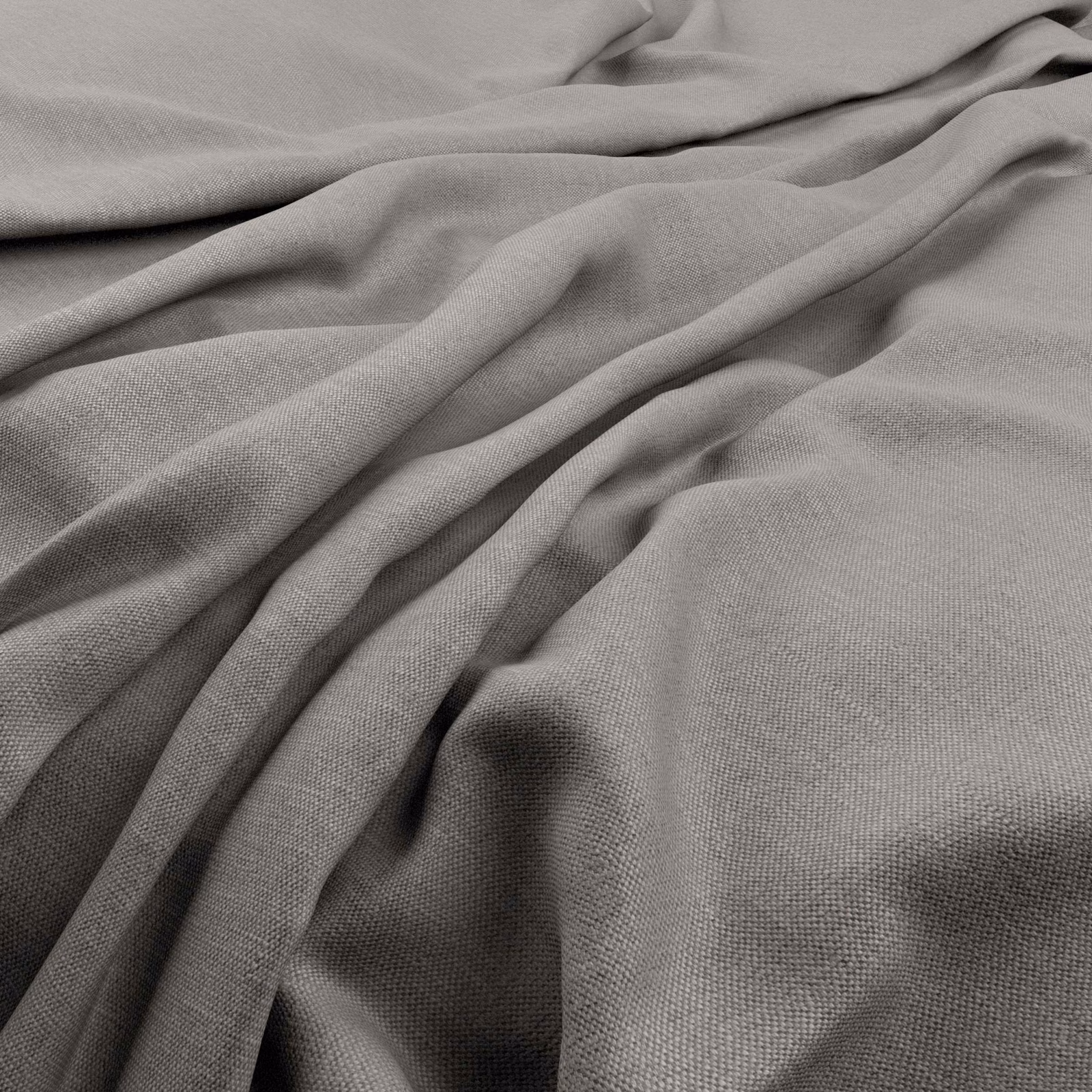 Muted heather grey plain-weave fabric draped in soft folds with charcoal shadows