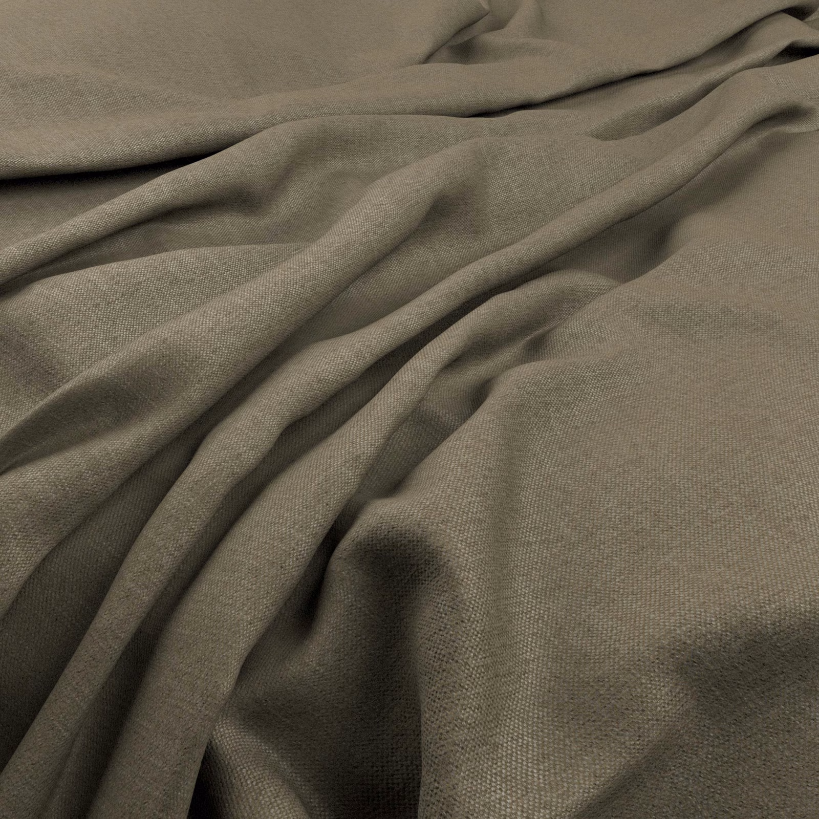 Muted khaki-grey plain weave fabric gathered into soft, shadowed folds