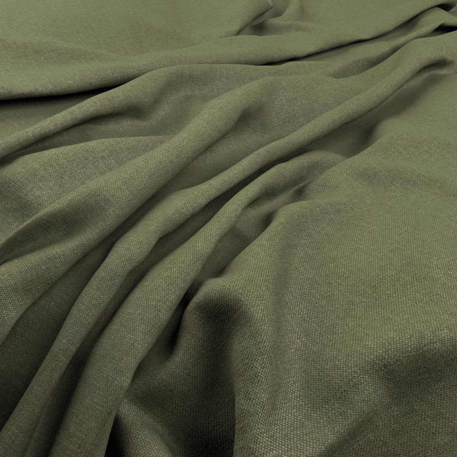 Muted olive-green plain-weave fabric gathered into softly shadowed folds