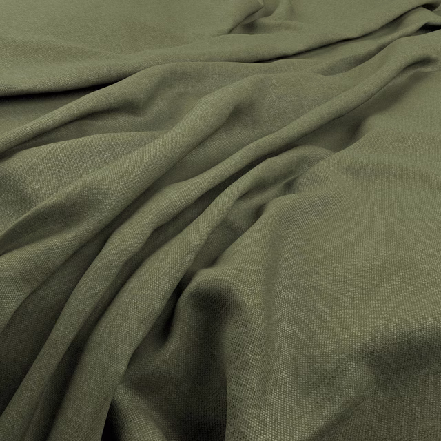 Muted olive-green plain-weave fabric gathered into softly shadowed folds