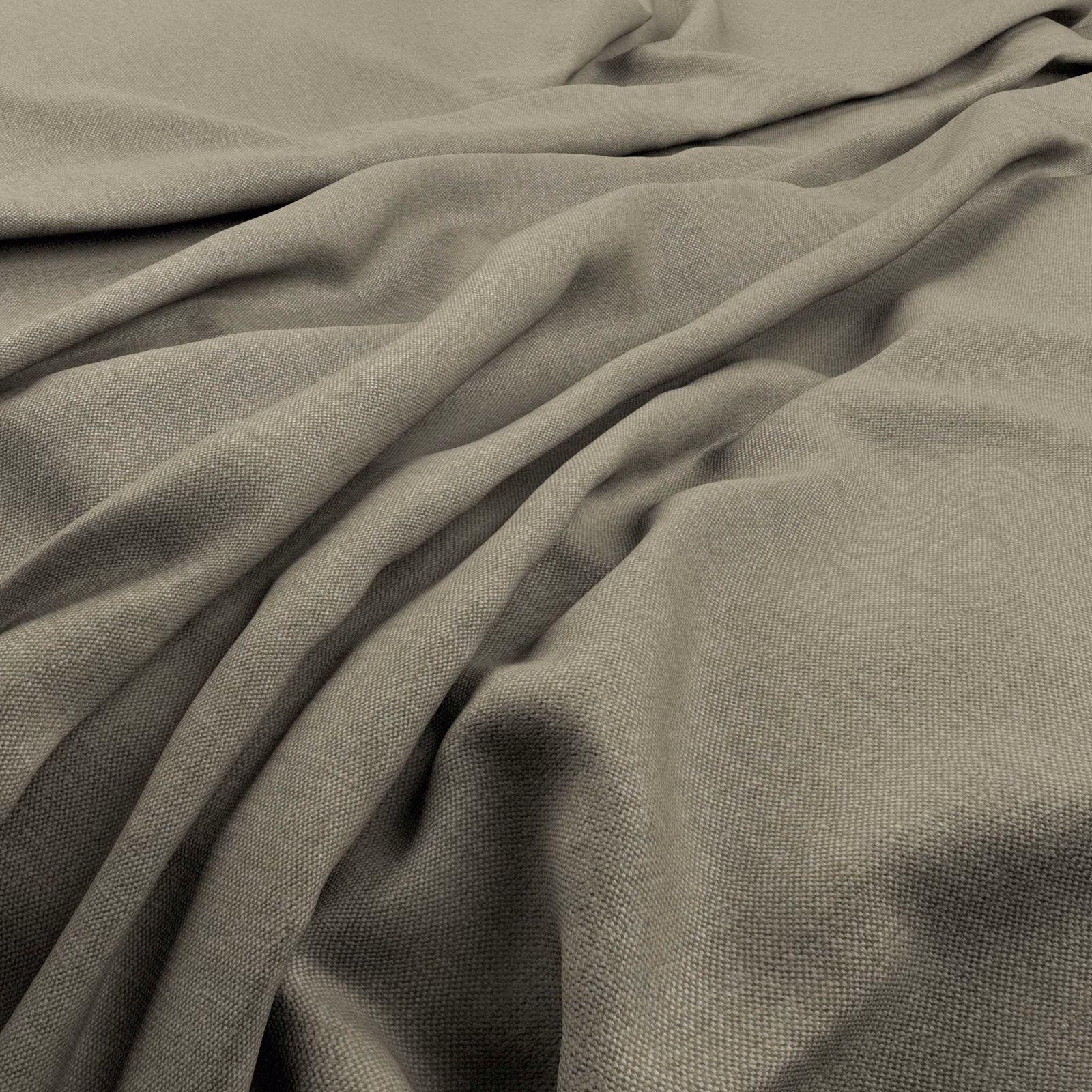 Muted putty taupe plain weave fabric gathered into softly shadowed folds