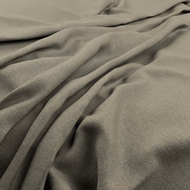 Muted putty taupe plain weave fabric gathered into softly shadowed folds