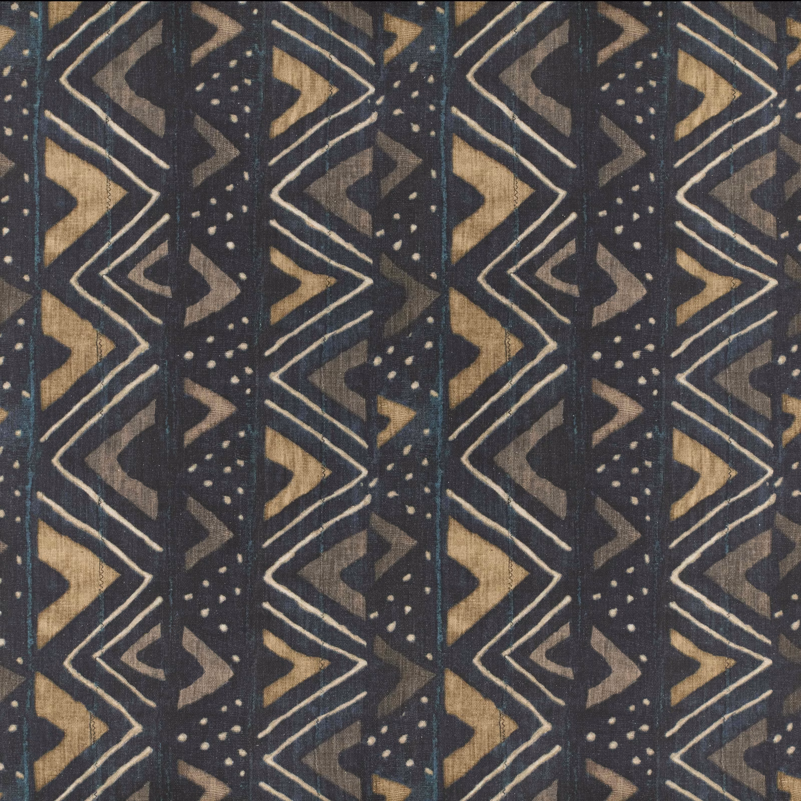 Dark indigo Kuba weave with tan chevrons, pale lines and dotted geometric bands