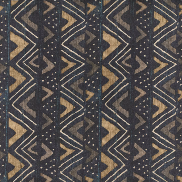 Dark indigo Kuba weave with tan chevrons, pale lines and dotted geometric bands