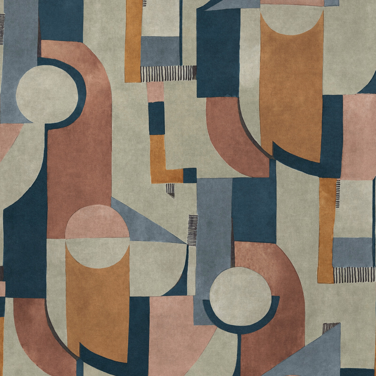 Large geometric fabric swatch in dusty pink, teal, ochre and pale grey