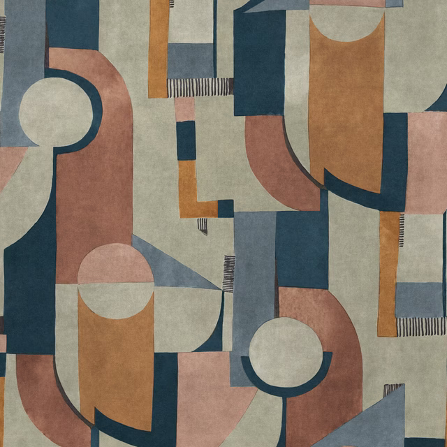 Large geometric fabric swatch in dusty pink, teal, ochre and pale grey
