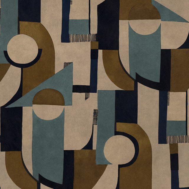 Geometric fabric swatch in duck-egg blue, navy, cream and olive shapes