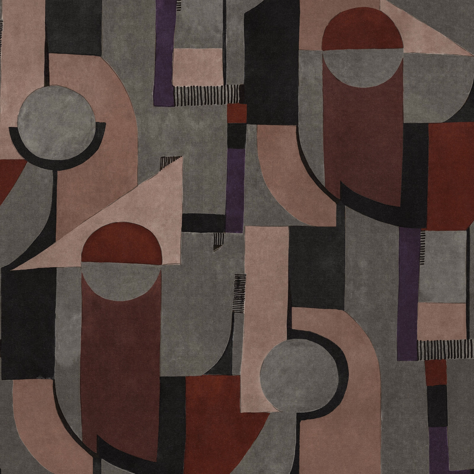 Abstract geometric fabric swatch in smoky grey, blush, plum and black