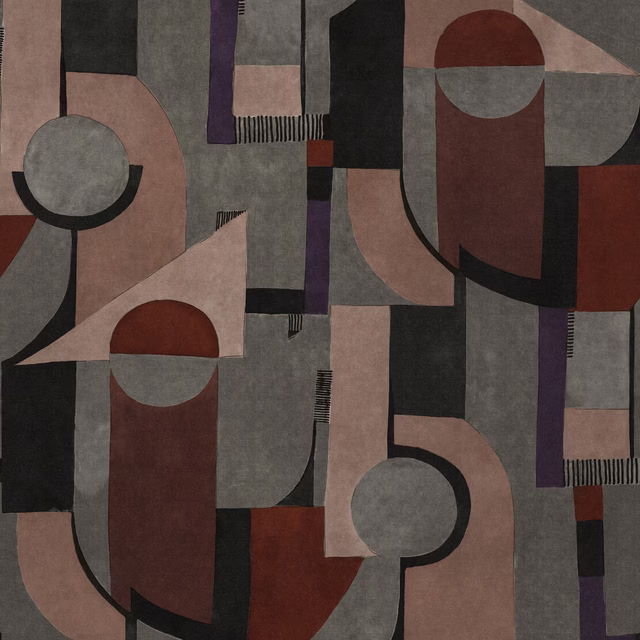 Abstract geometric fabric swatch in smoky grey, blush, plum and black