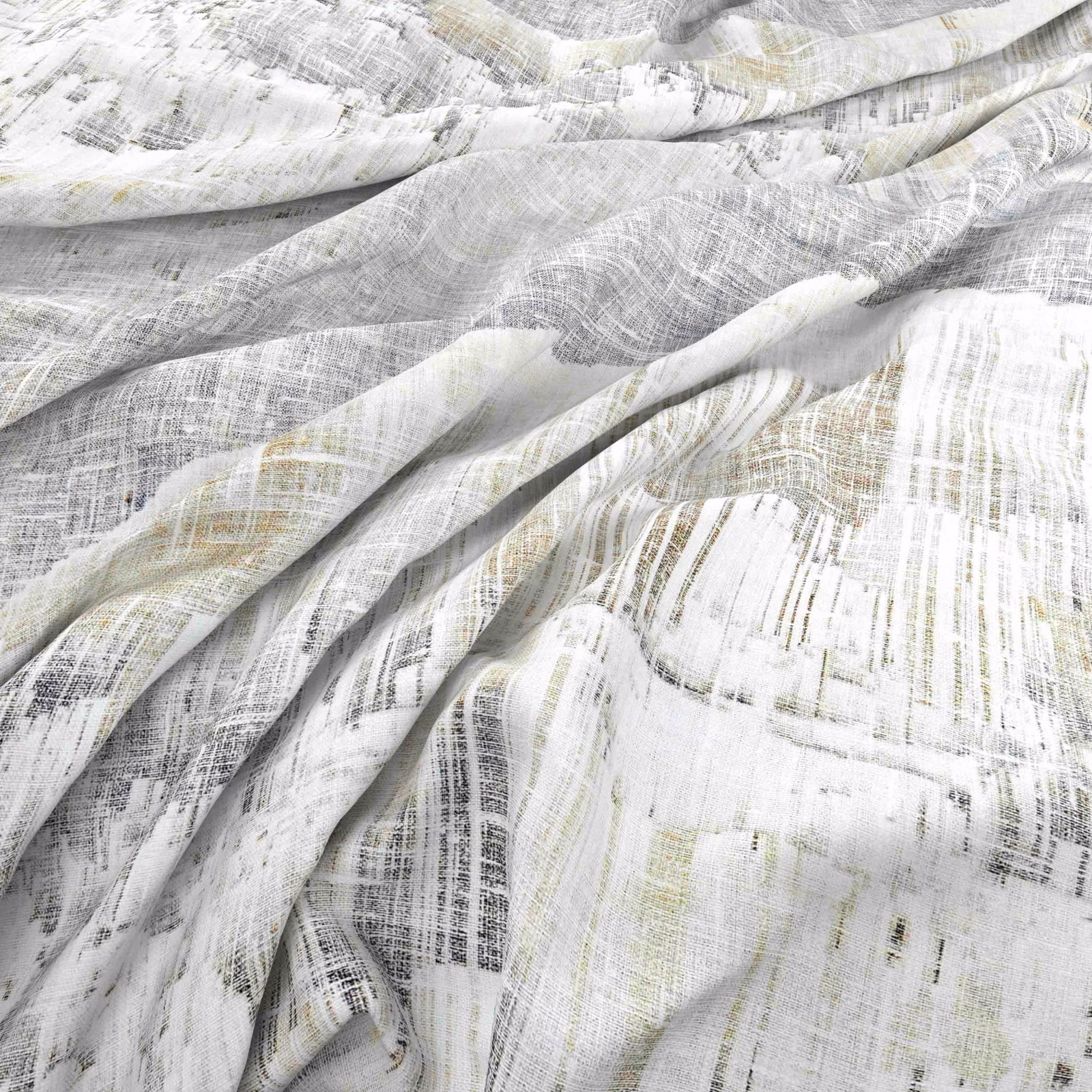 Chalk-white and silver-grey abstract crosshatching with soft olive accents in draped folds