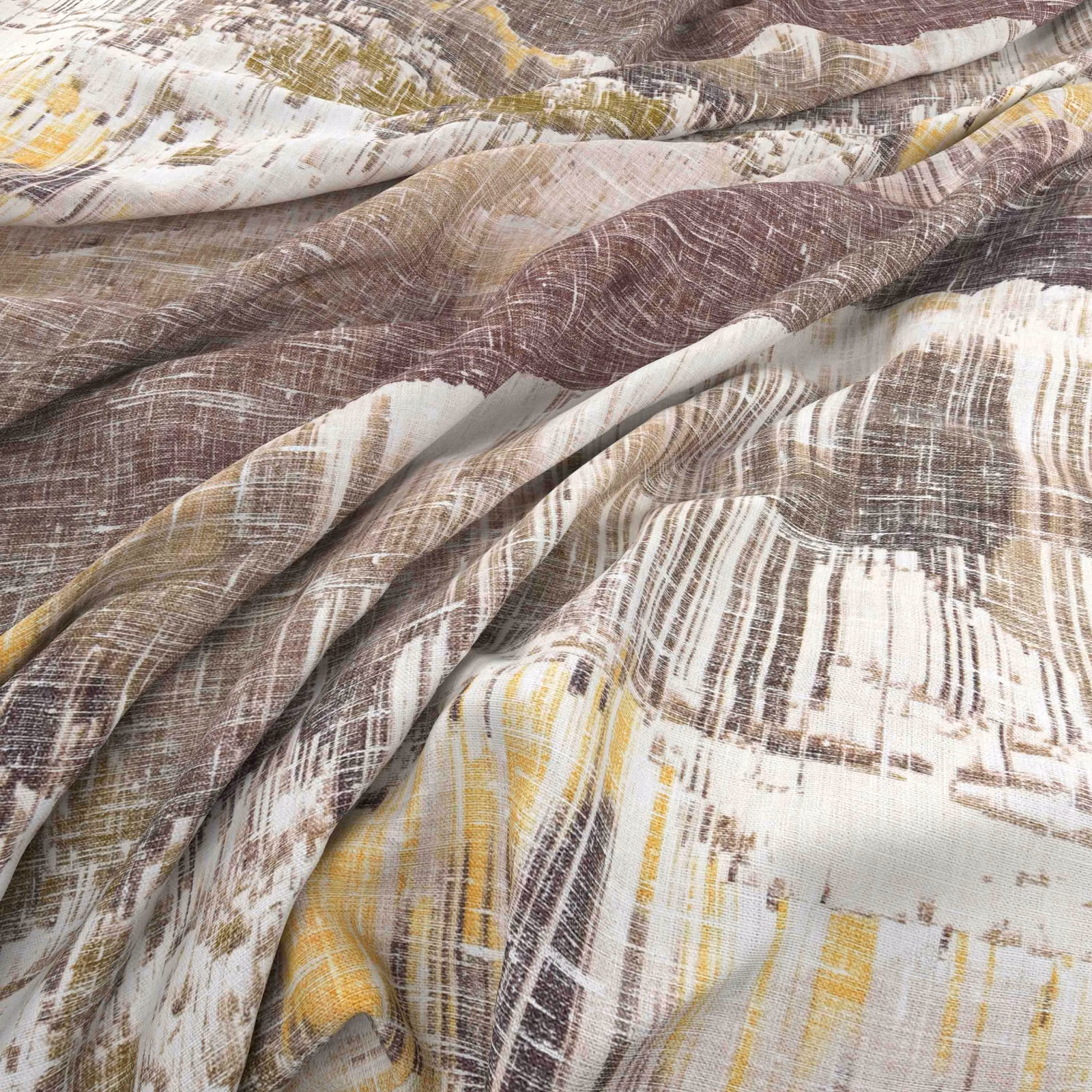 Henna-brown woven fabric with cream, ochre and olive painterly brushstrokes