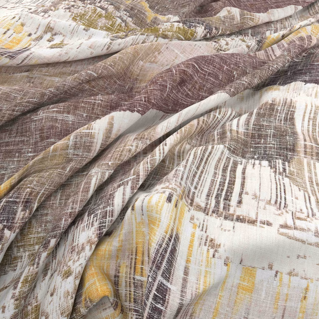 Henna-brown woven fabric with cream, ochre and olive painterly brushstrokes