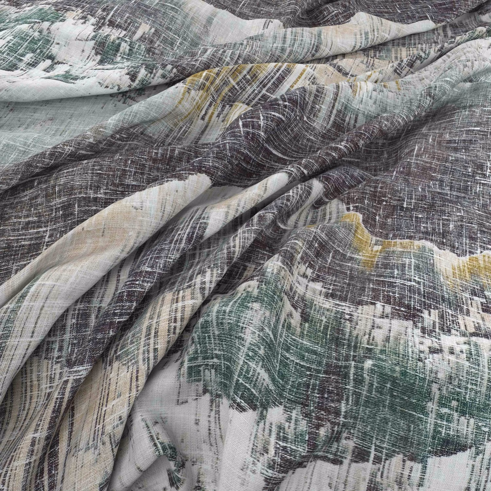 Charcoal, sage and cream abstract fabric with crosshatched texture and ochre accents