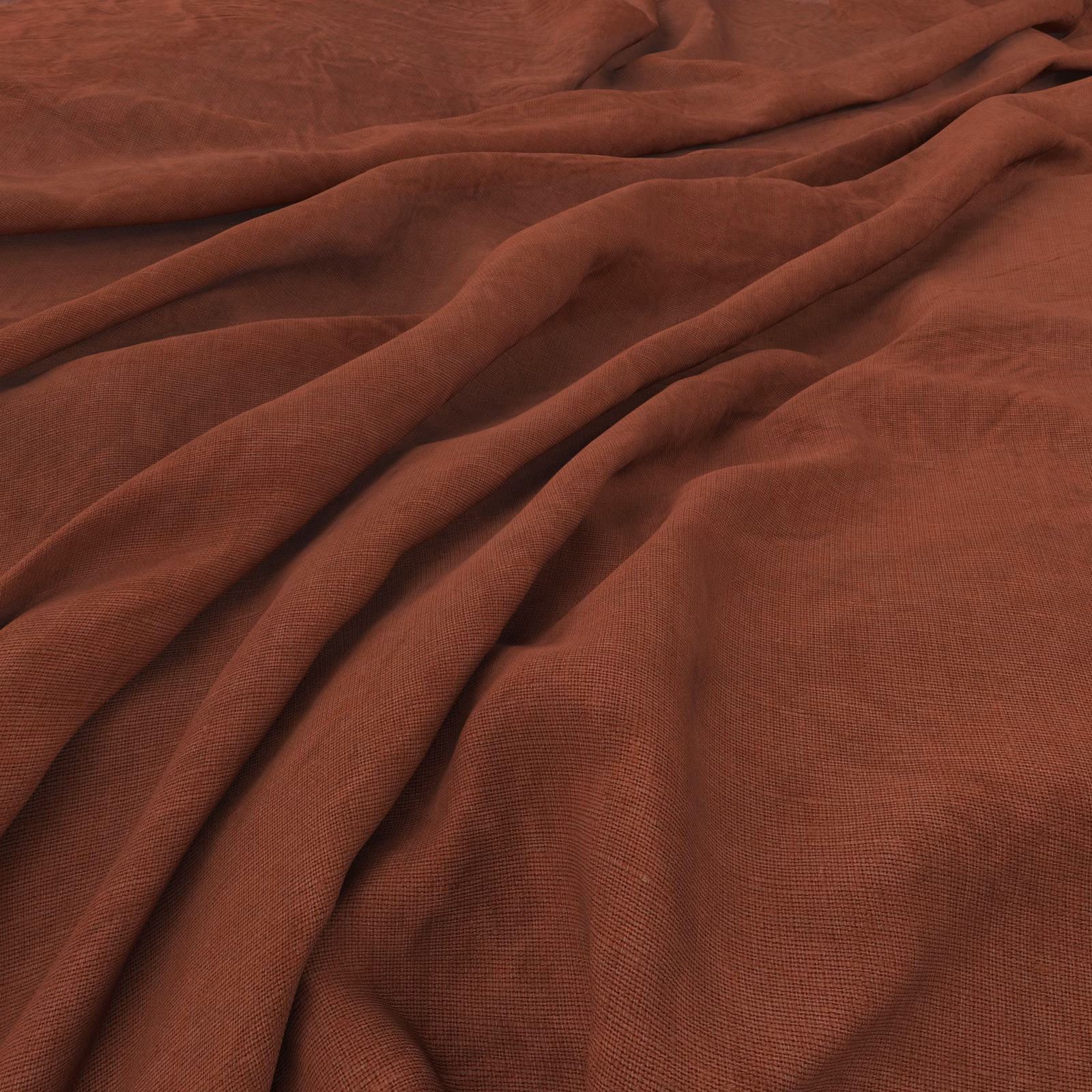 Burnt terracotta-brown textile with fine woven grain arranged in soft rippling folds