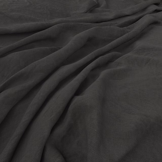 Deep charcoal grey plain-weave fabric draped in softly textured, fluid folds