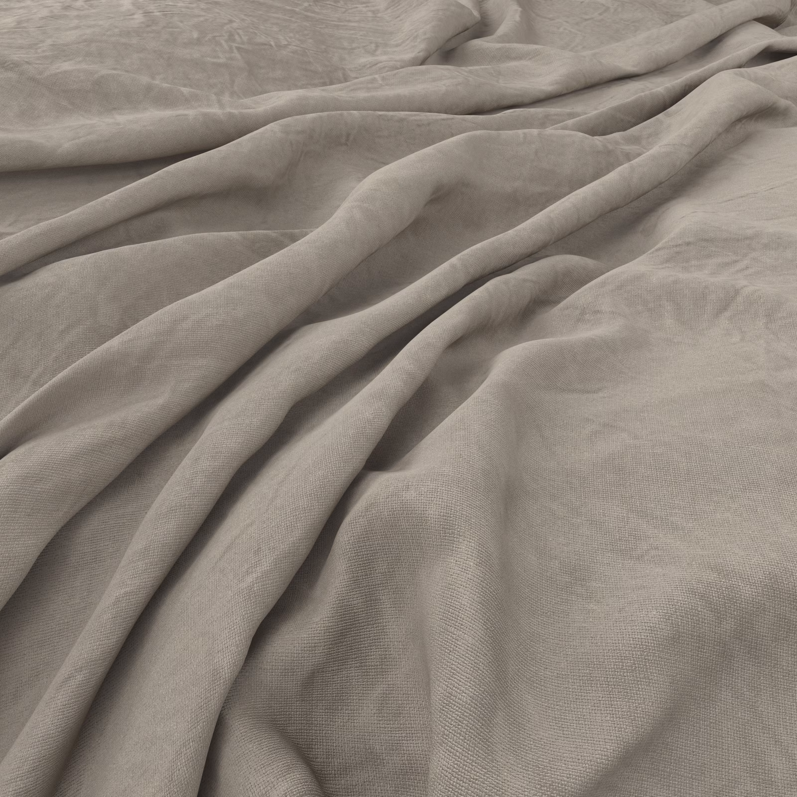 Soft grey-taupe woven cloth falling in deep, fluid folds