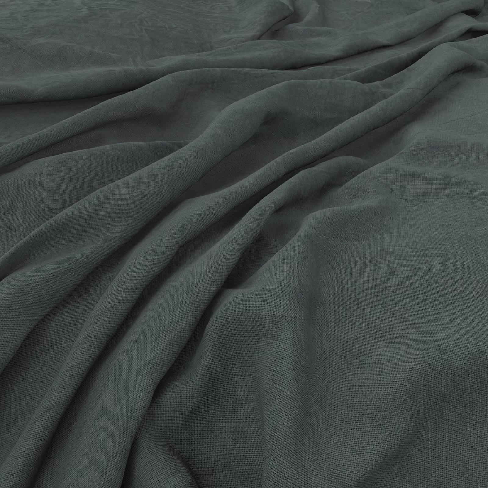 Close view of muted juniper-green linen weave falling into soft folds