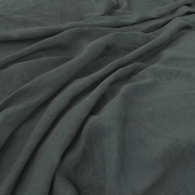 Close view of muted juniper-green linen weave falling into soft folds