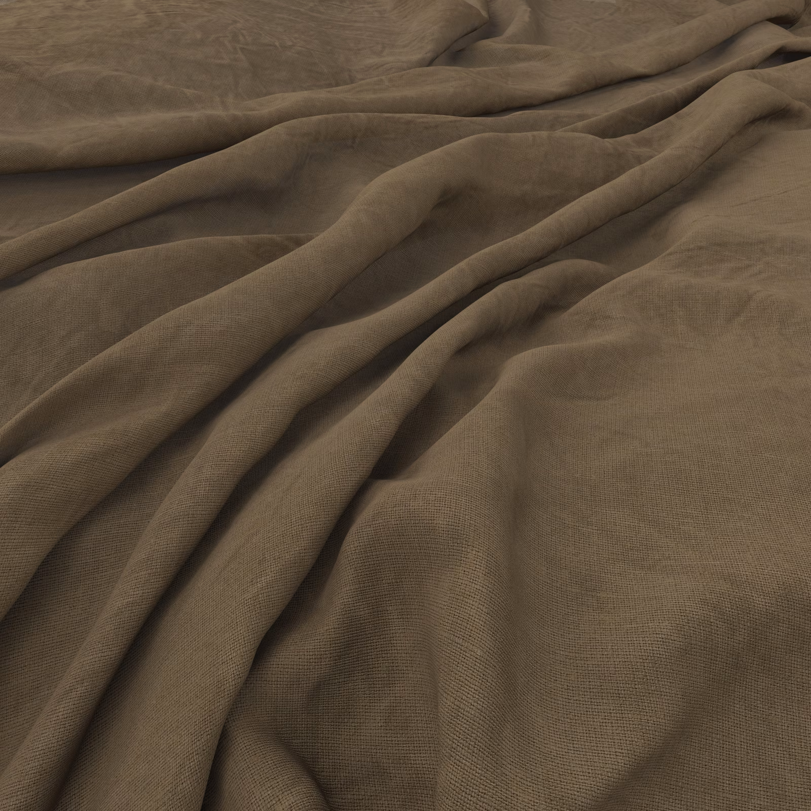 Warm khaki textile with fine crosshatch weave, softly gathered into deep folds