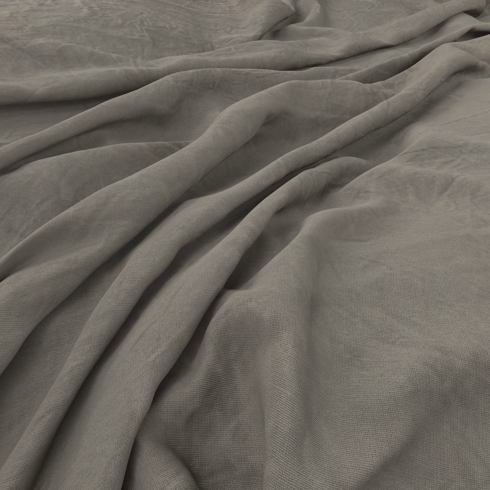 Cool grey-taupe fabric with fine weave and softly pooled, fluid folds