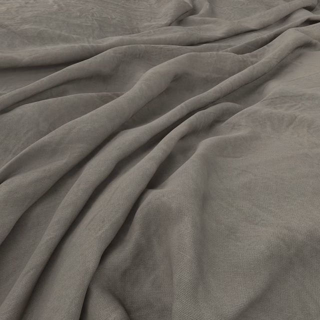 Cool grey-taupe fabric with fine weave and softly pooled, fluid folds
