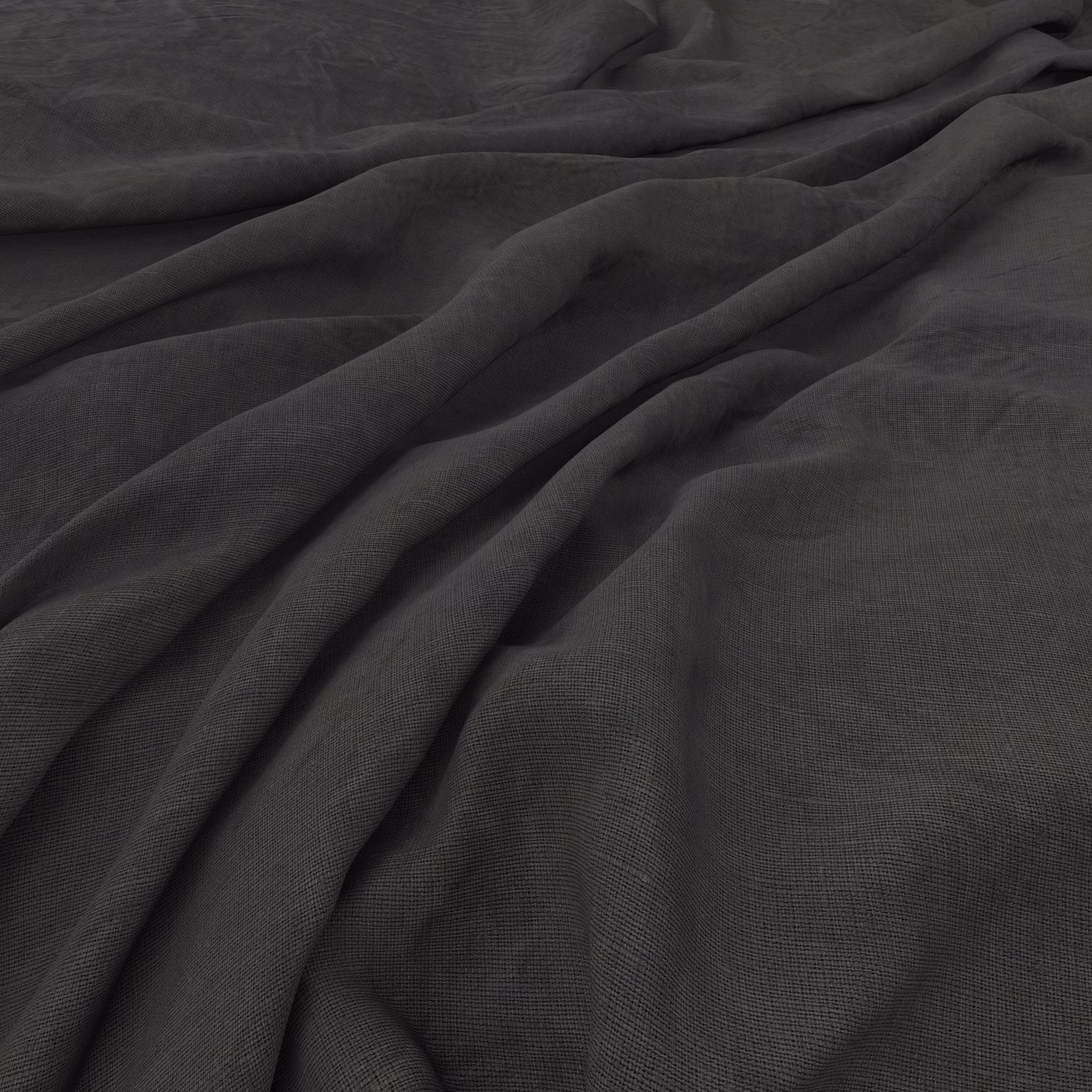 Dark storm-grey fabric with fine weave and softly pooled, fluid folds