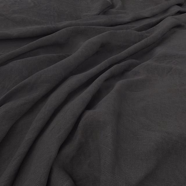 Dark storm-grey fabric with fine weave and softly pooled, fluid folds
