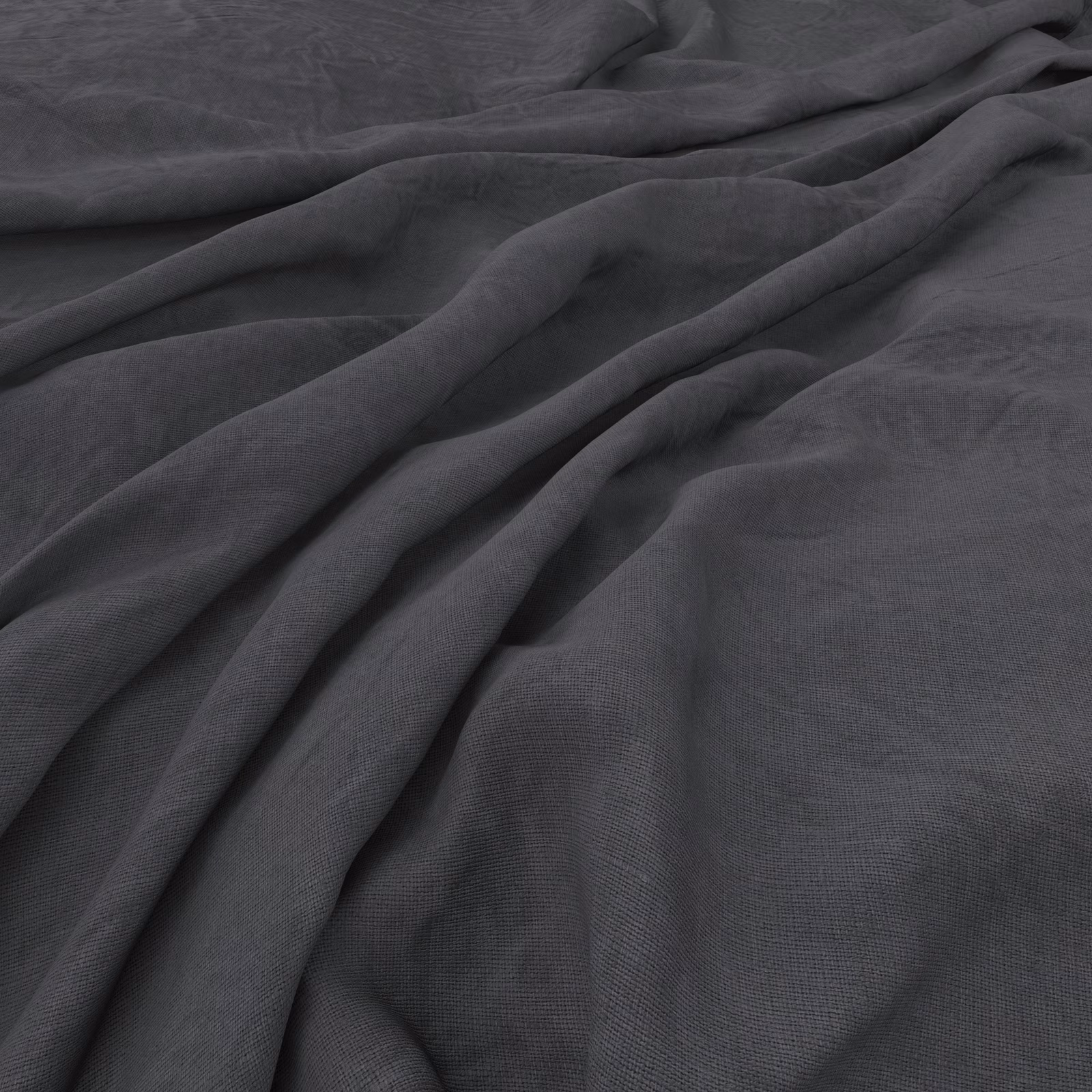 Deep charcoal-grey fabric with fine weave and softly gathered, rumpled folds