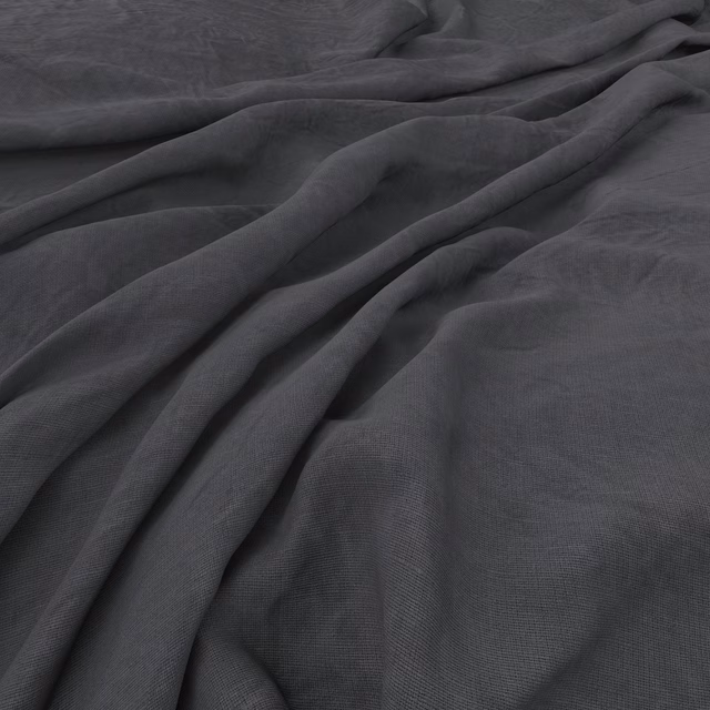 Deep charcoal-grey fabric with fine weave and softly gathered, rumpled folds