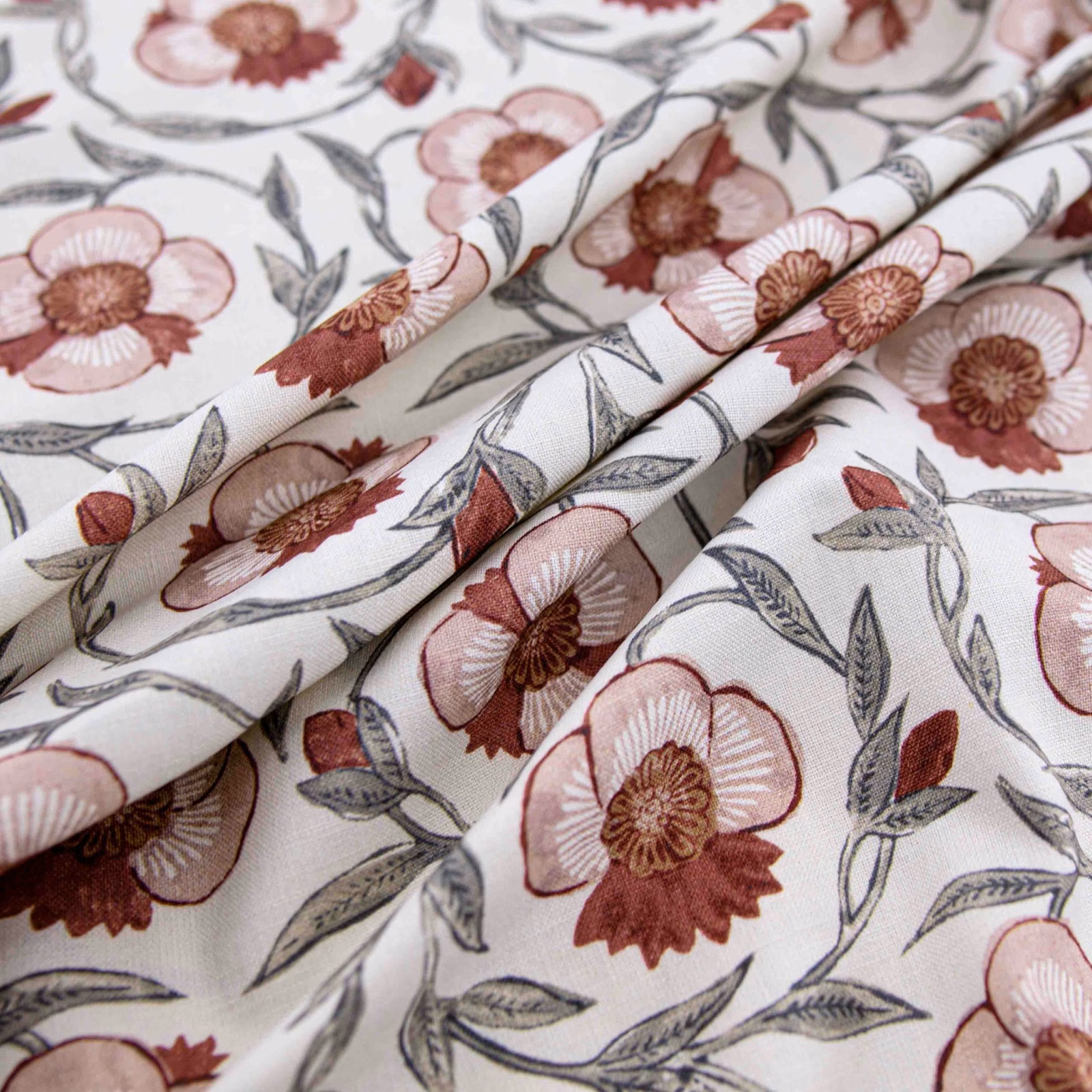 Ivory floral fabric with dusty pink blooms, burgundy petals and grey trailing leaves
