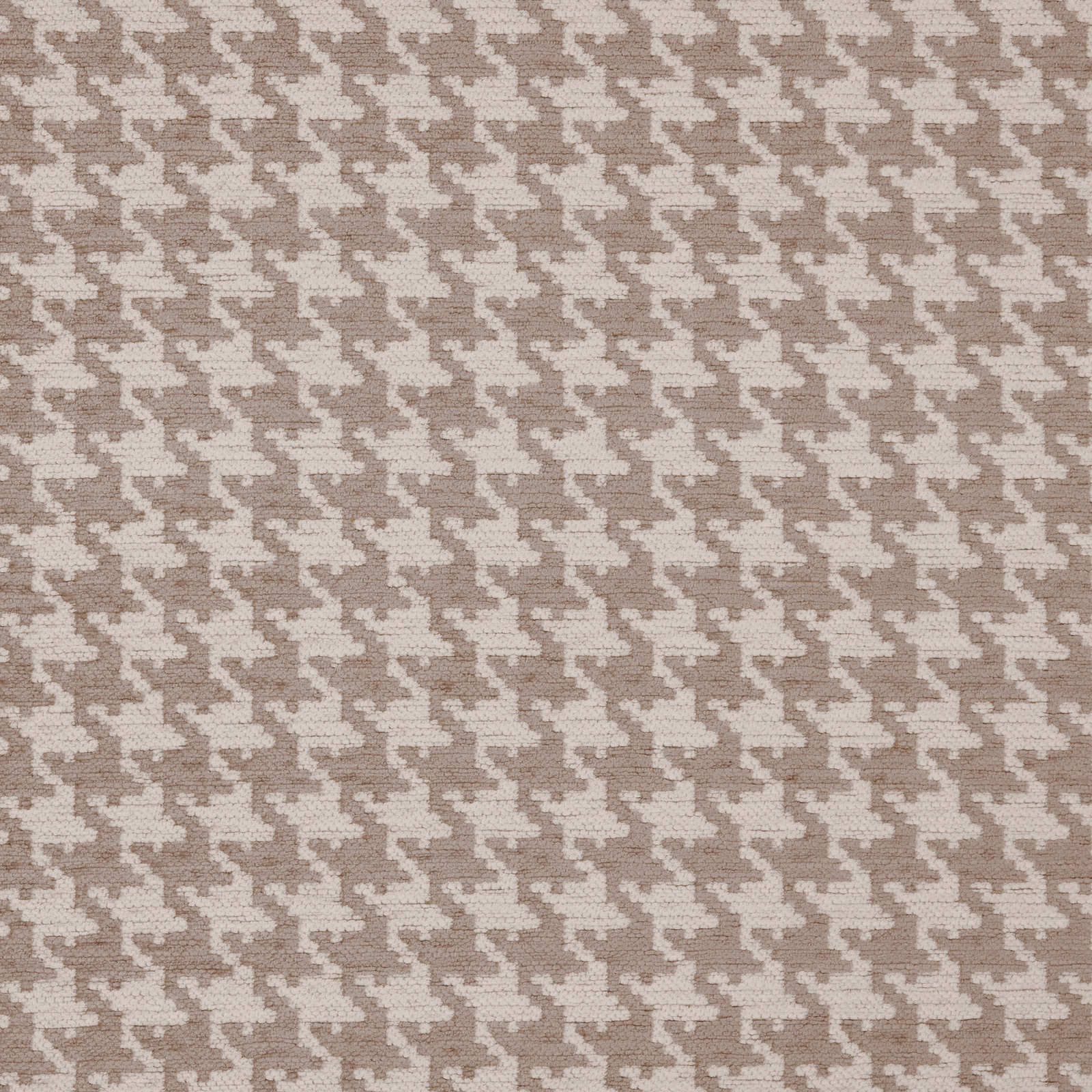 Close-up of warm beige and ivory houndstooth upholstery fabric with a textured weave