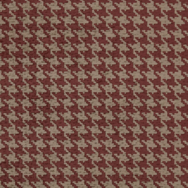 Close-up of muted red and beige houndstooth woven upholstery fabric