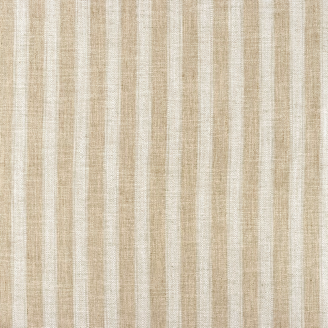 Warm sand beige woven fabric with pale cream vertical geometric stripes