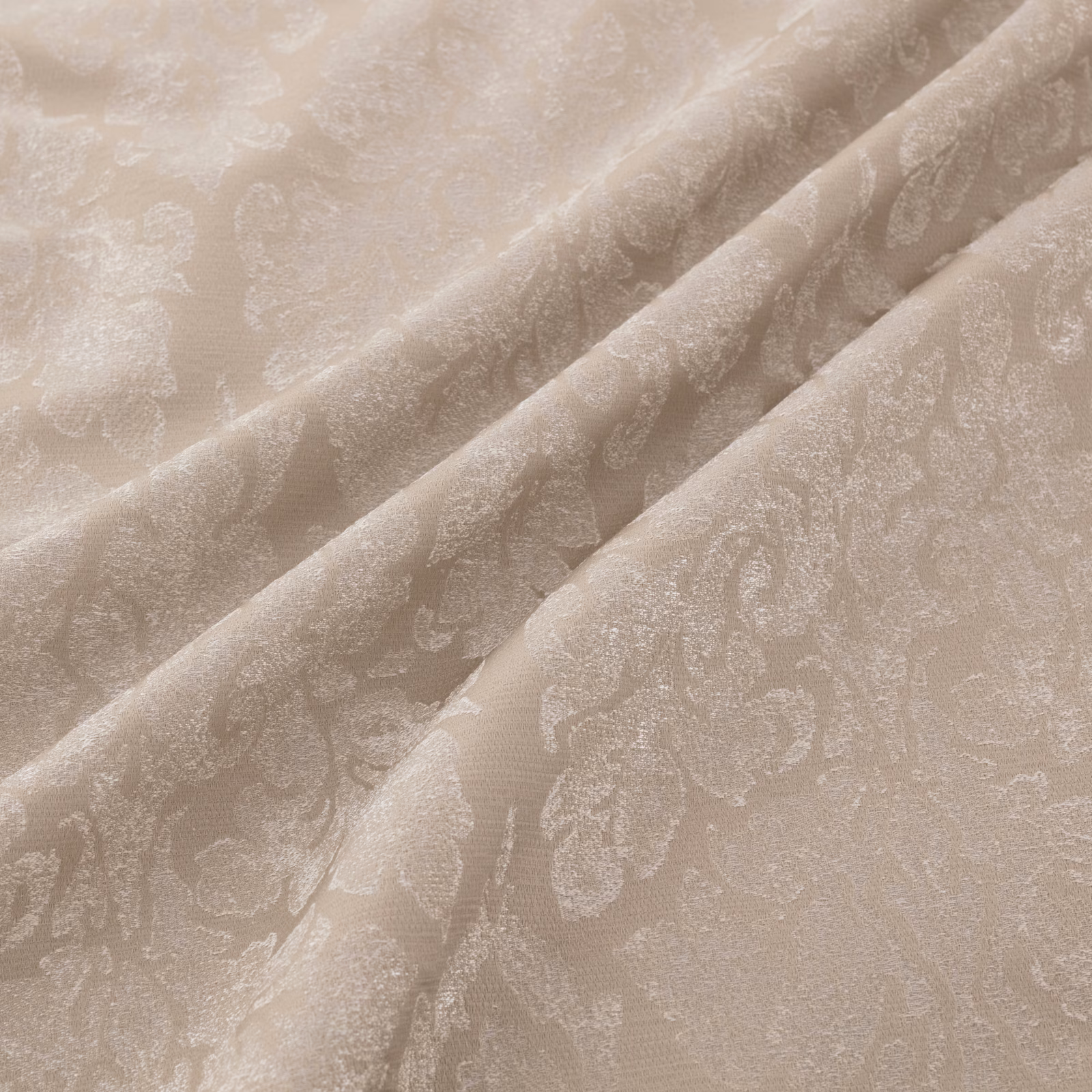 Warm ecru fabric with tonal damask motif and softly folded woven texture