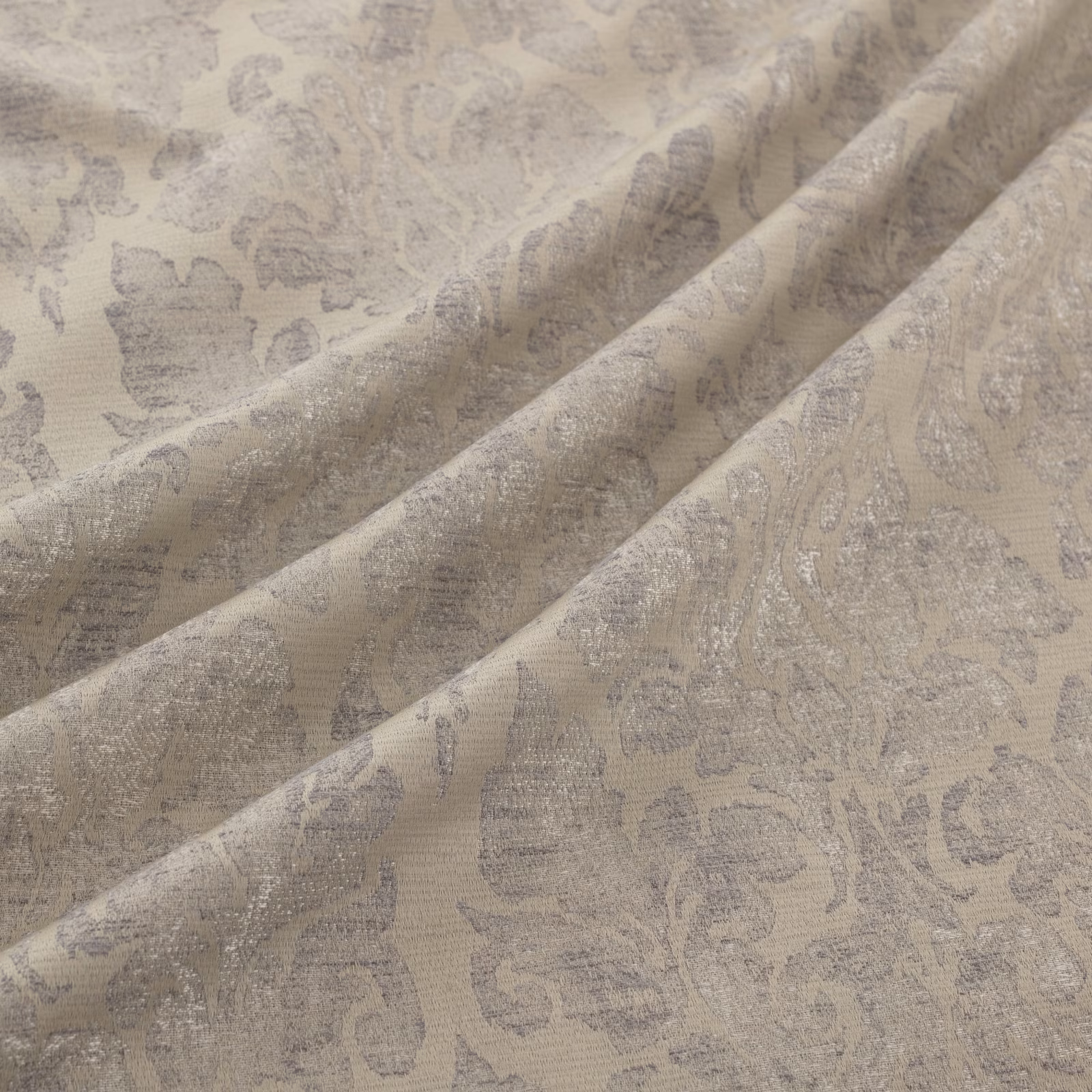 Pale platinum-grey woven fabric with softly faded floral damask motifs and folded texture