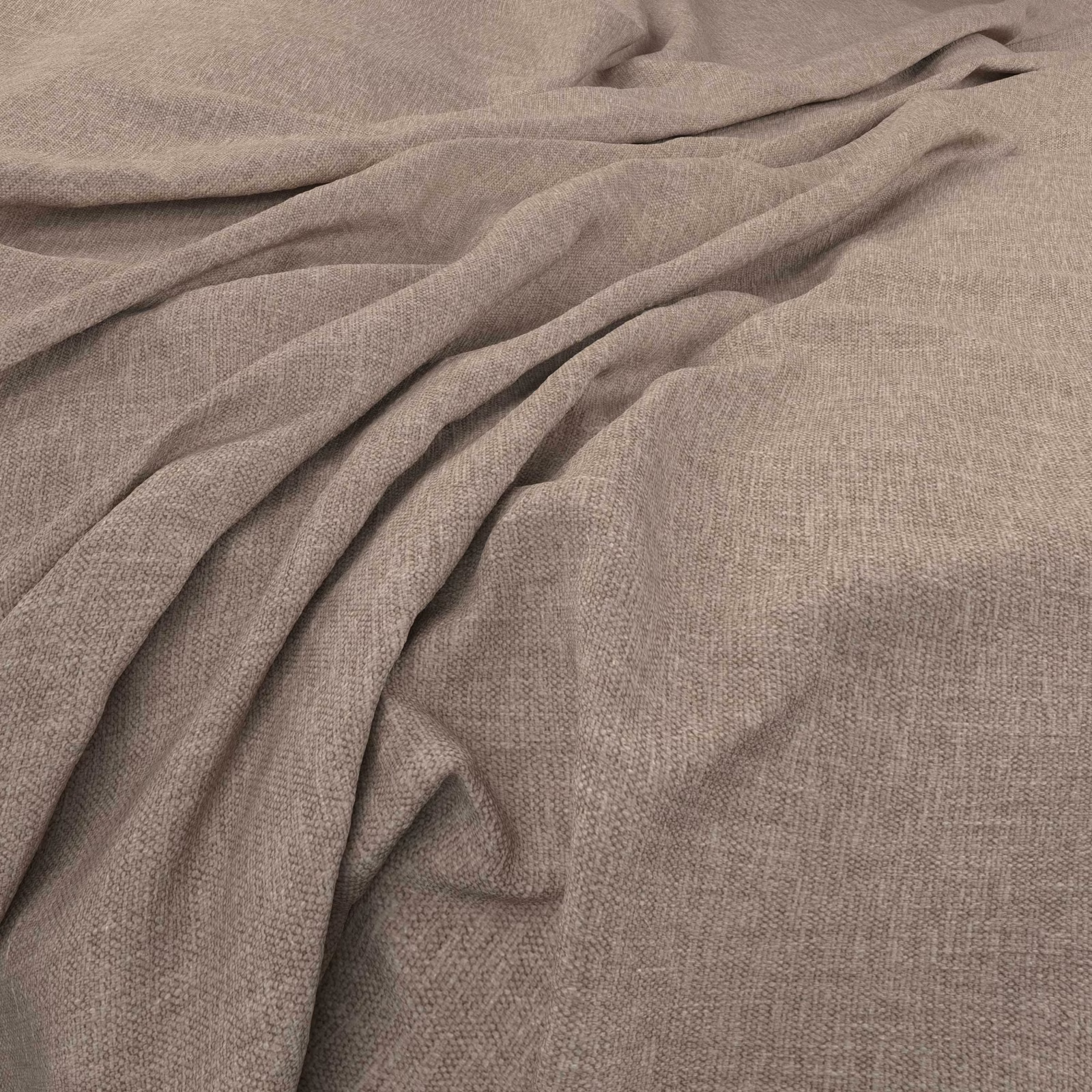 Close-up of greyed taupe Linden fabric showing fine crossweave and gathered folds.
