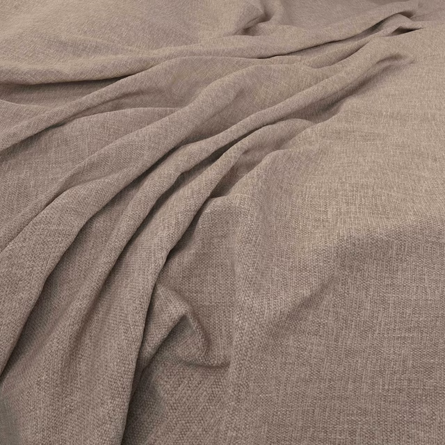 Close-up of greyed taupe Linden fabric showing fine crossweave and gathered folds.