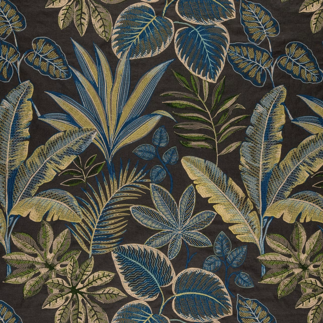 Charcoal botanical fabric with blue-green leaves, ochre veins and layered foliage