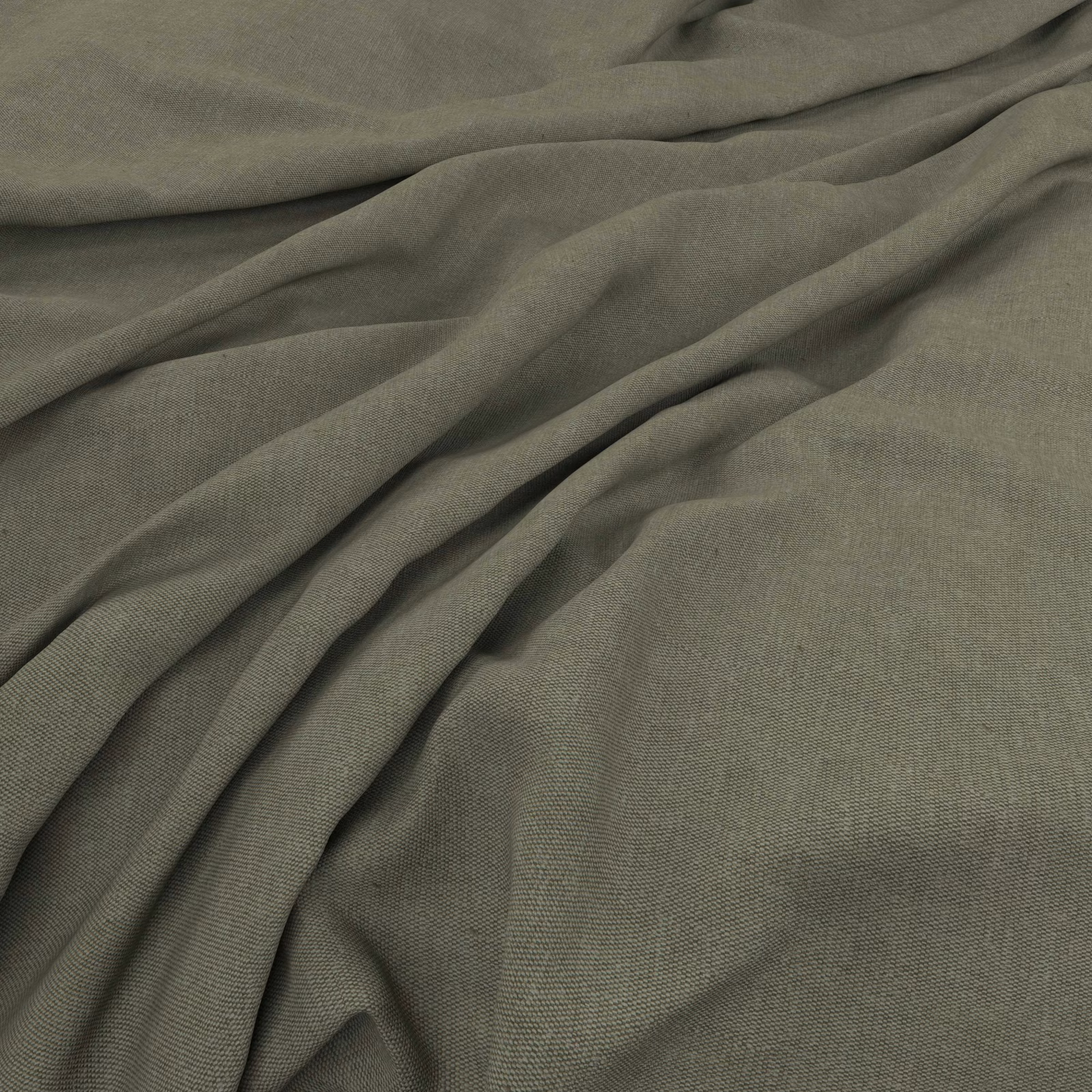 Muted olive-grey plain weave fabric gathered into soft, fluid folds