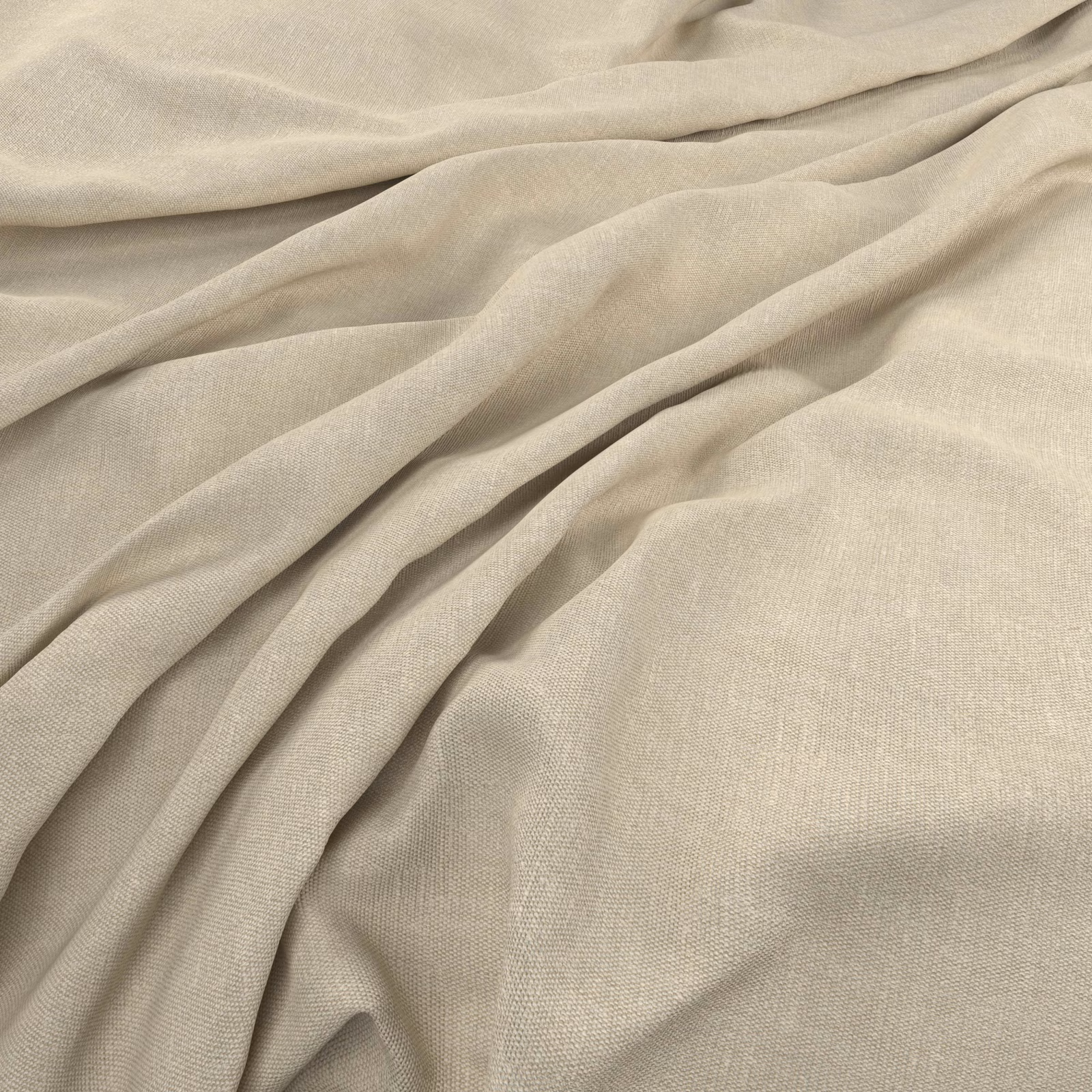Pale warm-greige plain weave fabric gathered into soft flowing folds
