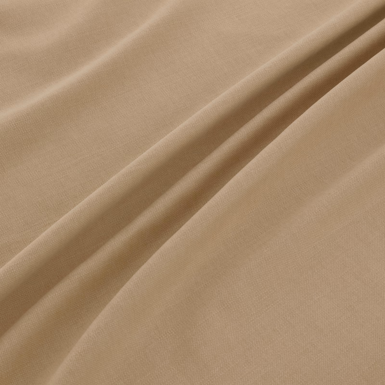 Warm oat-beige plain weave fabric folded to show fine texture and soft shadows