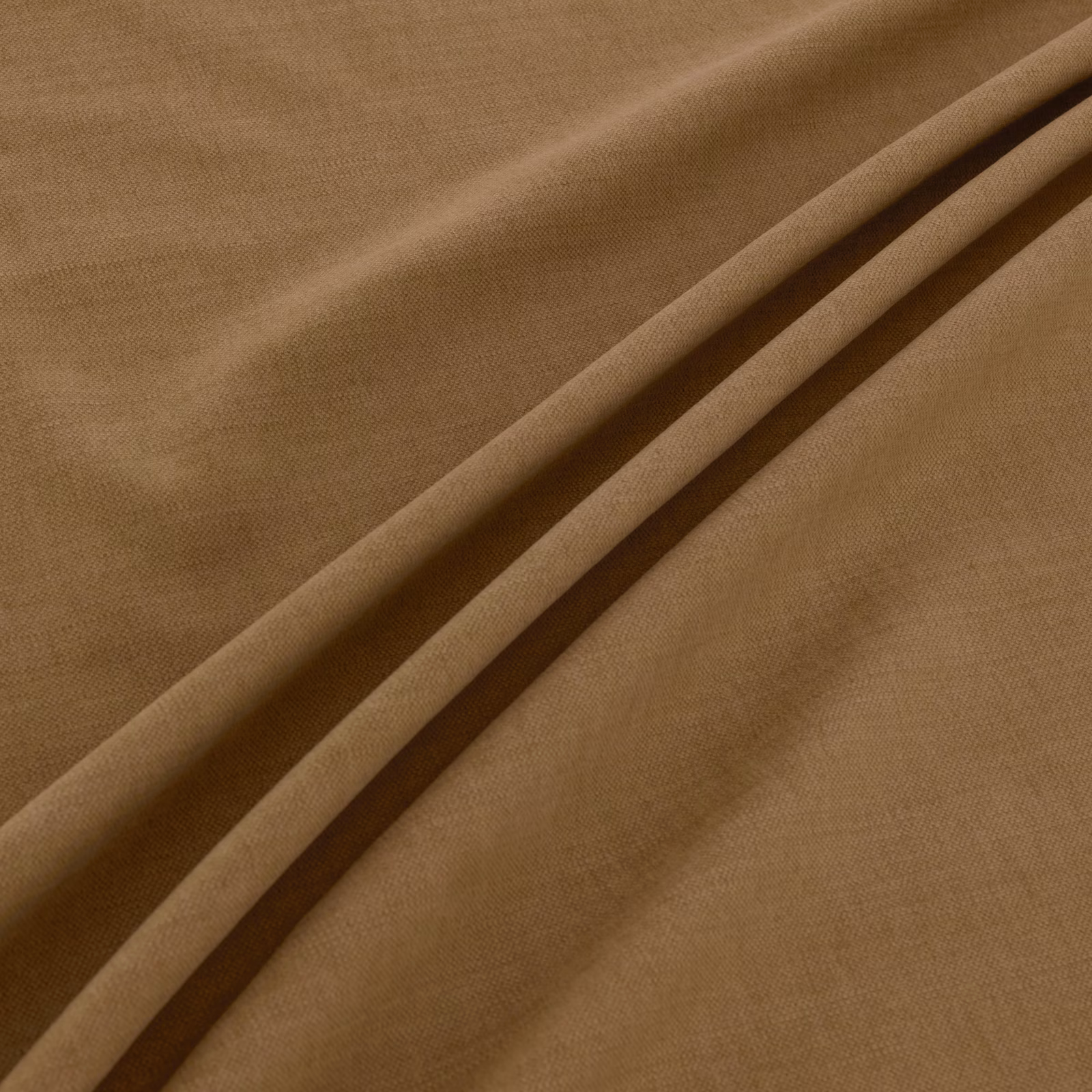 Warm khaki-brown plain weave fabric folded to show fine texture and shaded creases