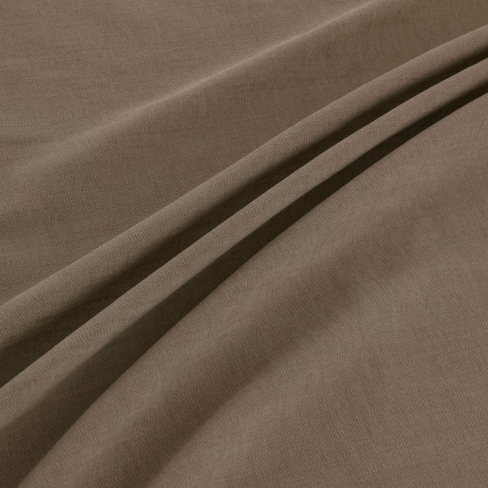 Close-up of warm taupe woven fabric folded into soft, shadowed ridges
