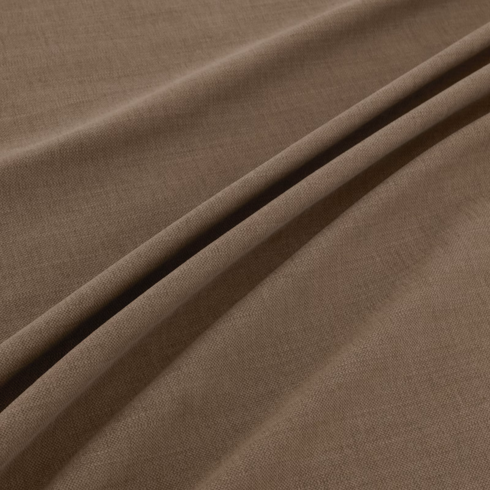 Warm taupe plain-weave fabric with fine crosshatch texture folded into soft ridges