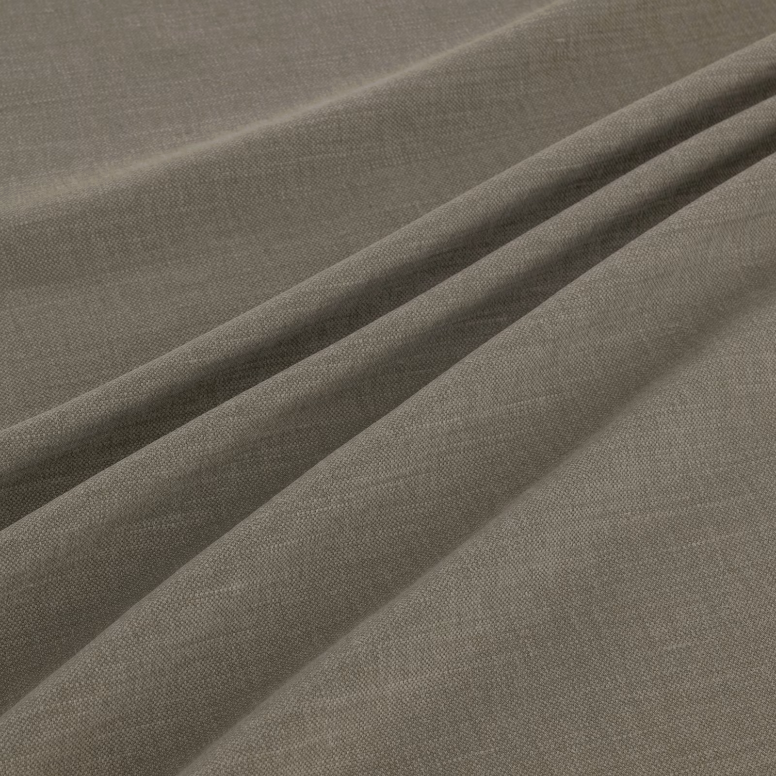 Muted olive-taupe plain weave fabric gathered into softly fluid folds